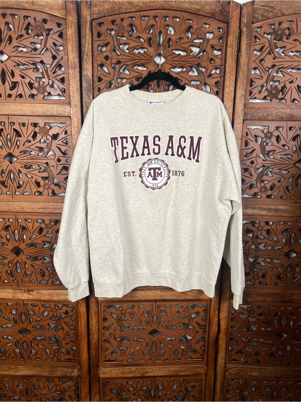 Texas A&M Champion Crewneck Sweatshirt - Light Gray with Maroon Logo